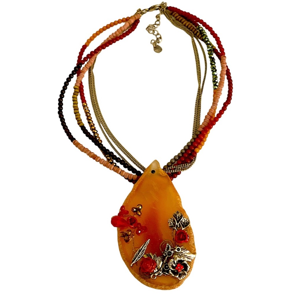 Boho Simulated Agate Slab Beaded Necklace Brown